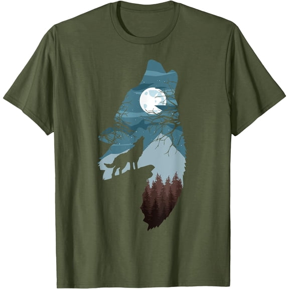 Forest with Full-Moon and Cliff of Silhouette Howling Wolf Unisex T-Shirt for Men Women Kids Toddler