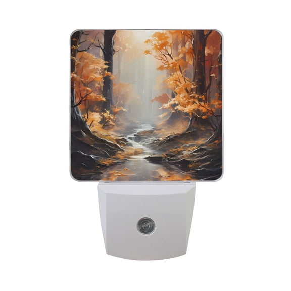 Forest with River Night Light LED Dusk to Dawn Auto Sensor Night Lamp Plug-in Nightlight for Bedroom Hallway Kitchen 2 PCs