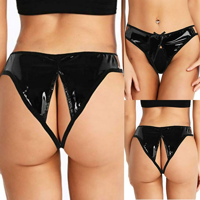 Womens Plus Size Sexy Faux Leather Crotchless Panties Hollow Out