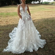 ForestYashe Women's Elegant Lace Dress Deep V Sling Bridal Wedding Evening Dress Women's Formal Dress