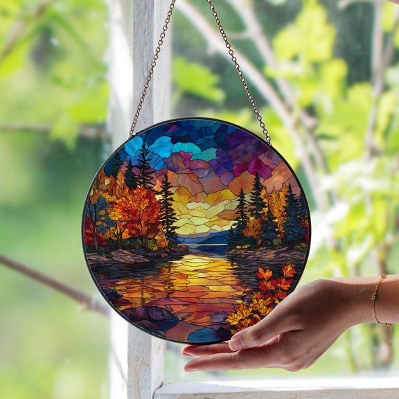 Forested Lake Scene Glass Suncatcher, Nature Landscape Window Art, 3.5 in