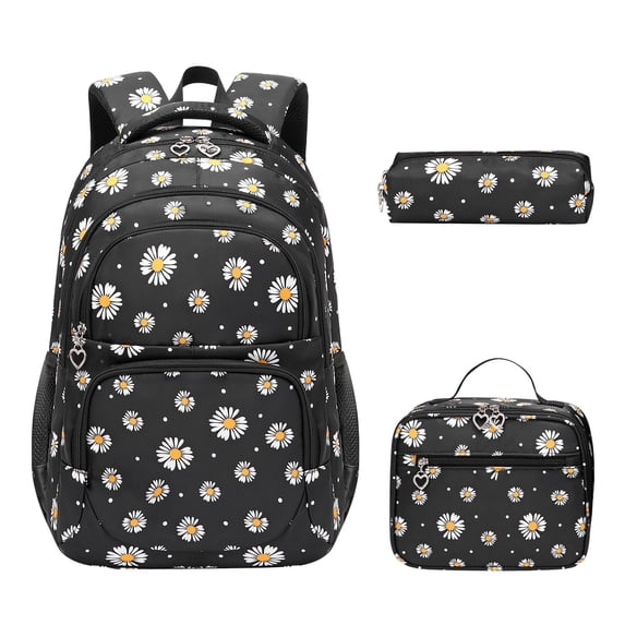 Forestfish 3-Piece Backpack Set for School,Large Capacity Teen Backpack with Insulated Lunch Bag & Pencil Case,Waterproof with Laptop Compartment & Side Pocket(Daisy A/Black)