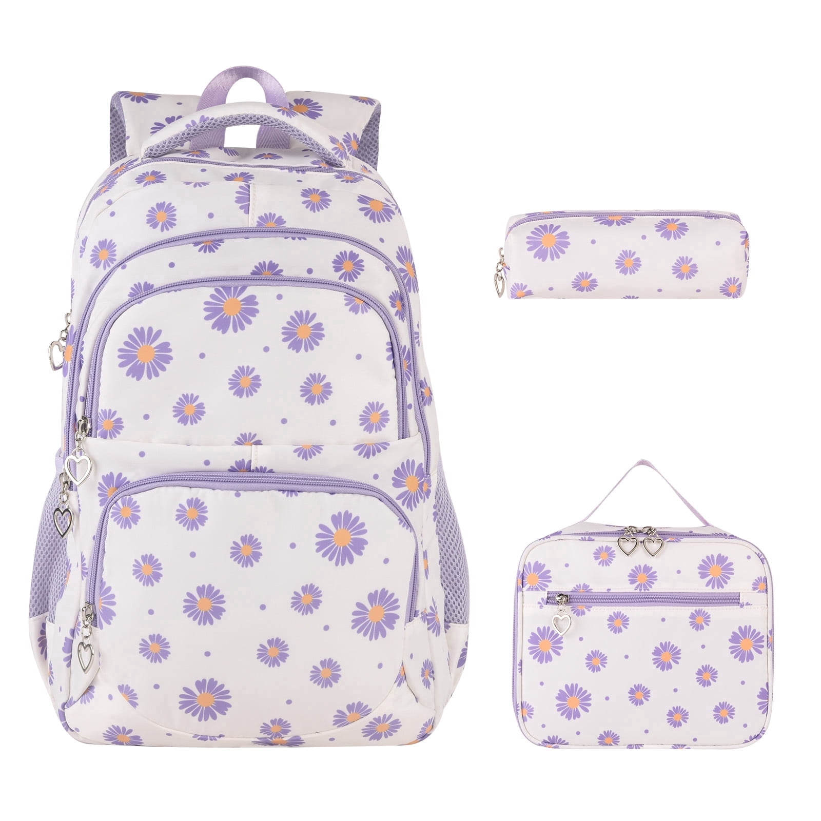 Forestfish Teen Backpack Set with Insulated Lunch Bag & Pencil Case, Water-Resistant Nylon School Bag（Daisy A/Beige）