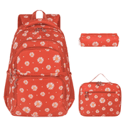Forestfish Teen Backpack Set with Insulated Lunch Bag & Pencil Case, Water-Resistant Nylon School Bag(Daisy A/Red)