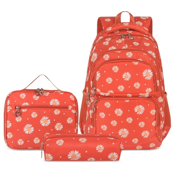 Forestfish 3-Piece Daisy Teen Backpack Set with Insulated Lunch Bag & Pencil Case, Water-Repellent Lightweight Nylon School Bag Orange Red