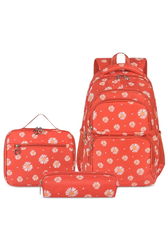 3-Piece Daisy Teen Backpack Set with Insulated Lunch Bag & Pencil Case, Water-Repellent Lightweight Nylon School Bag Orange Red