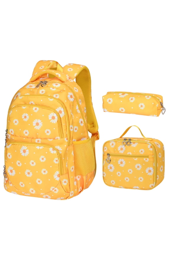 3-Piece Daisy Teen Backpack Set with Insulated Lunch Bag & Pencil Case, Water-Repellent Lightweight Nylon School Bag Yellow