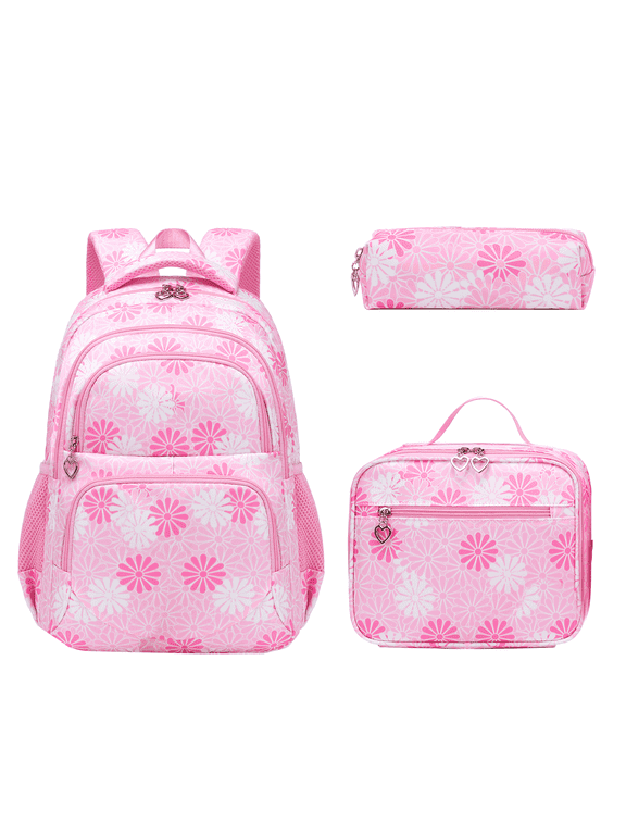 Teen Backpack Set with Insulated Lunch Bag & Pencil Case, Water-Resistant Nylon School Bag(Daisy B/Pink)