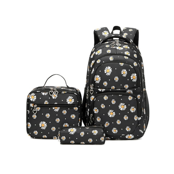 Forestfish Black Daisy School Backpacks Set for Teen with Lunch Bag Water Resistant Lightweight Large Books Bag