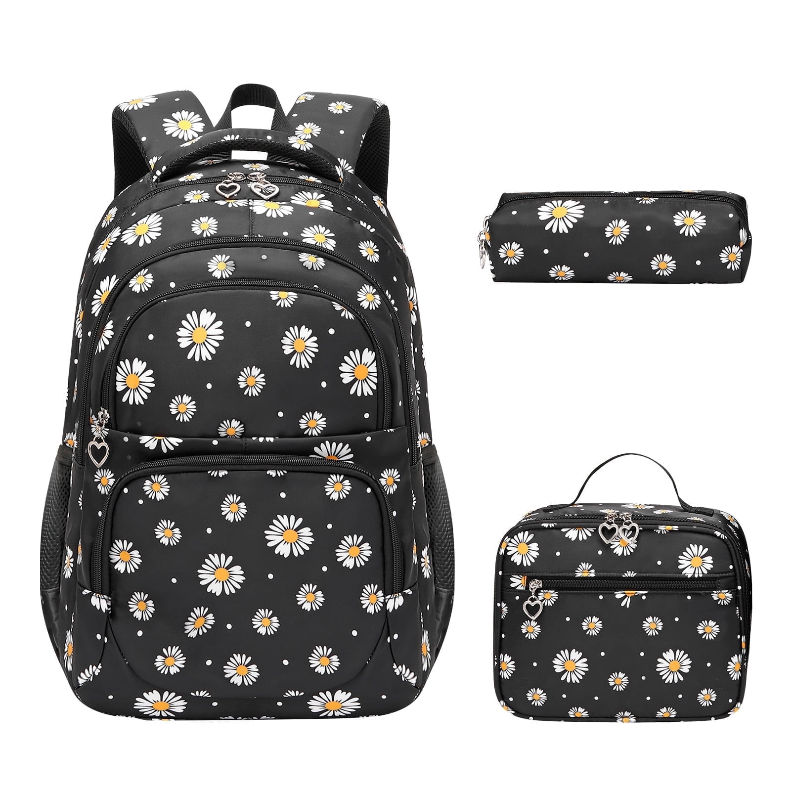 Forestfish 3-Piece Backpack Set for School,Large Capacity Teen Backpack with Insulated Lunch Bag & Pencil Case,Waterproof with Laptop Compartment & Side Pocket(Daisy A/Black)