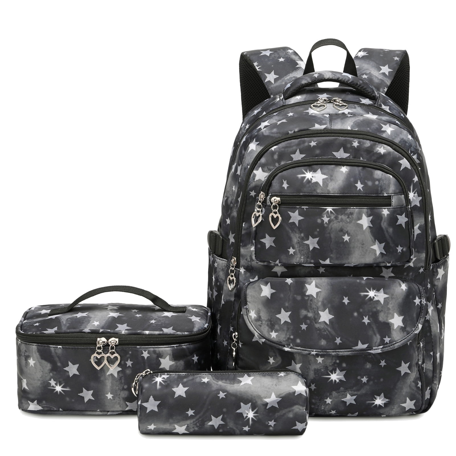 Forestfish Black Star Print Backpack Set, Nylon, 17.7 