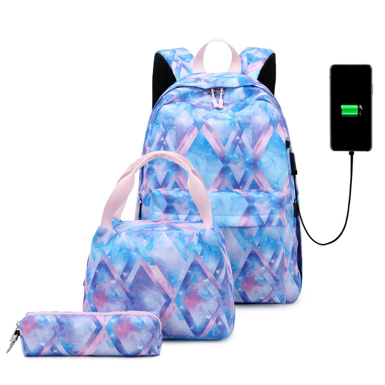 Waterproof Large Capacity Fashion School Backpack Kids Teen Girls Bookbag  Set with Lunch Box Pencil Case Travel Laptop Backpack(Marble) 