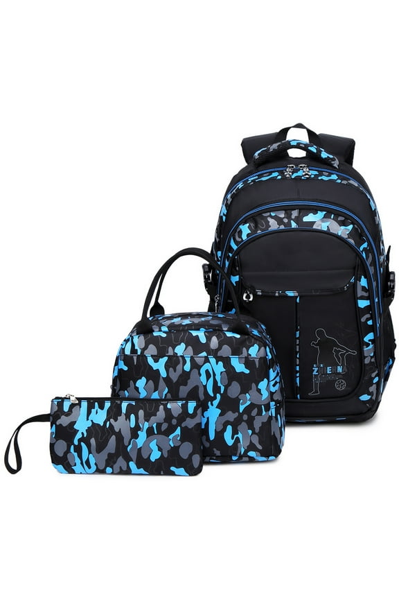 Camo Blue Backpack Set for Teen with Lunch Bag and Pencil Case Water Resistant Lightweight Large Bookbag