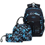 Forestfish Camo Blue Kids School Backpack Set for Teen Boys with Lunch Bag and Pencil Case Water Resistant Lightweight Large Bookbag for Middle School