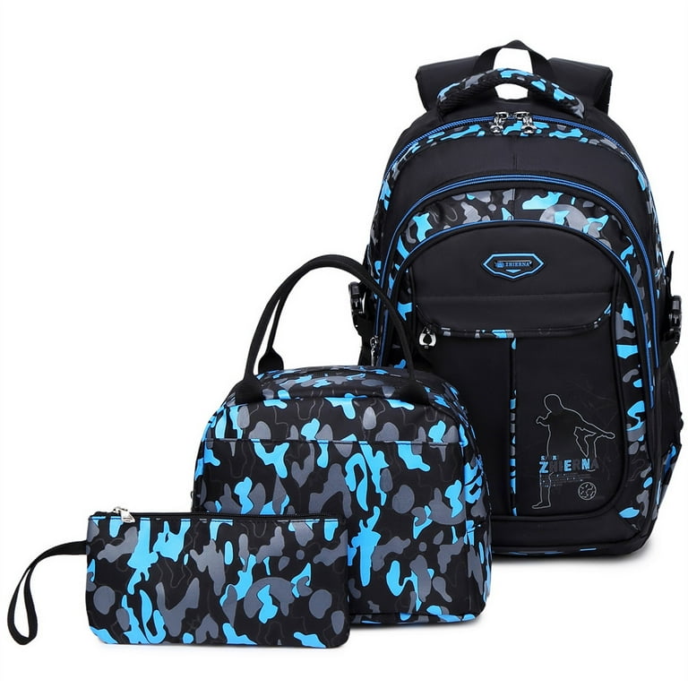 Forestfish Camo Blue Kids School Backpack Set for Teen Boys with Lunch Bag  and Pencil Case Water Resistant Lightweight Large Bookbag for Middle School  