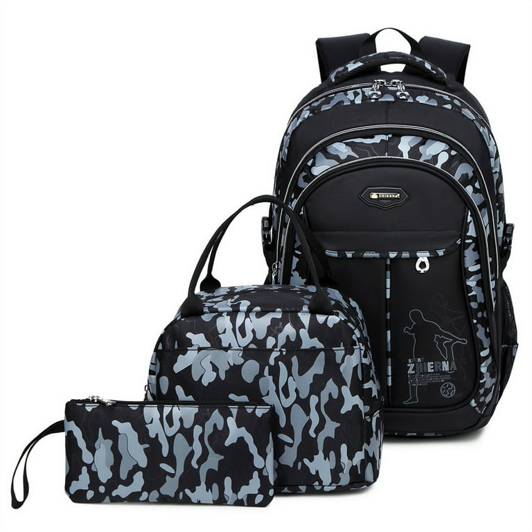 Forestfish Camo Gray Kids School Backpack Set for Teen Boys with