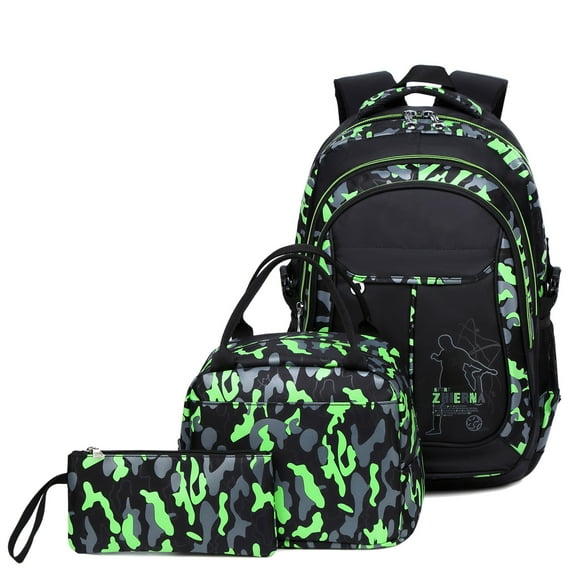 Forestfish Camo Green Backpack Set for Teen with Lunch Bag and Pencil Case Water Resistant Lightweight Large Bookbag