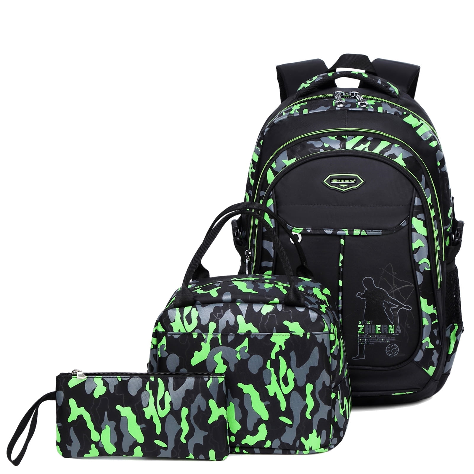 Forestfish Camo Green Kids School Backpack Set for Teen Boys with Lunch Bag  and Pencil Case Water Resistant Lightweight Large Bookbag for Middle