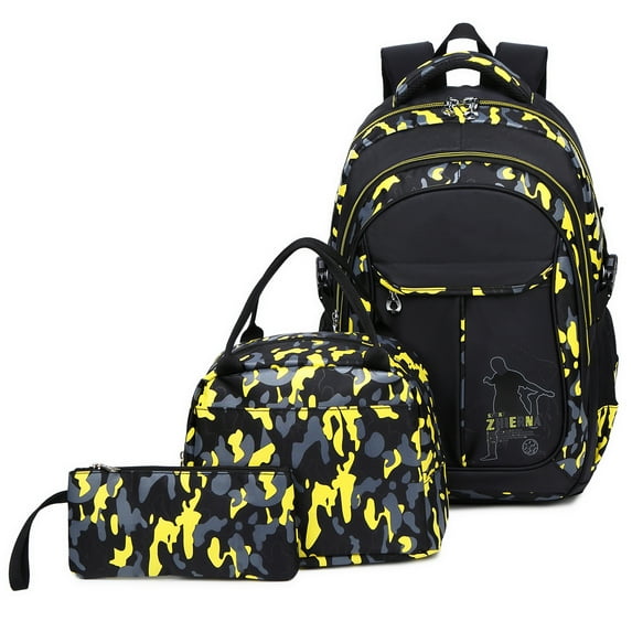 Forestfish Camo School Backpacks Set for Teen with Lunch Bag Water Resistant Lightweight Large Books Bag Yellow
