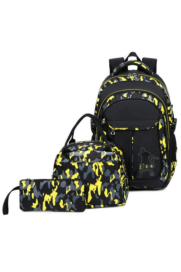 Camo School Backpacks Set for Teen with Lunch Bag Water Resistant Lightweight Large Books Bag Yellow