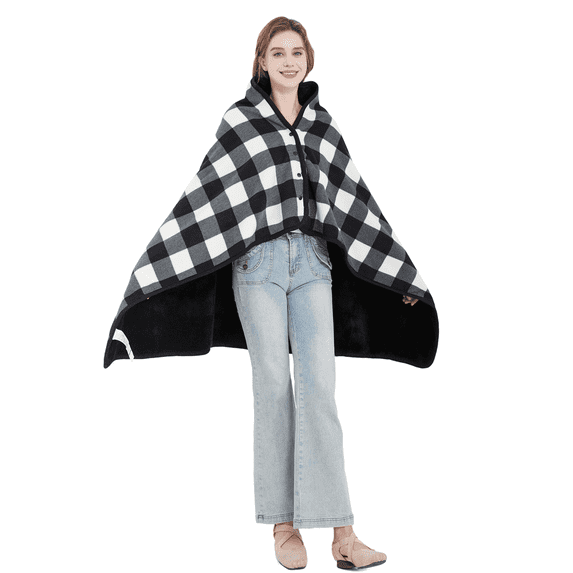 Forestfish Fleece Wearable Blanket, Plaid Lap Blanket Comfy Poncho Throw with Buttons for Bed Sofa Office, Black-White