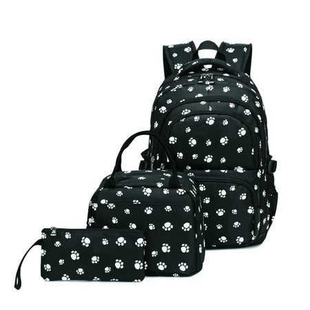 Forestfish Footprint Print Black Backpack Set for Teen with Lunch Box and Pencil Case Water Resistant Lightweight Large Bookbag