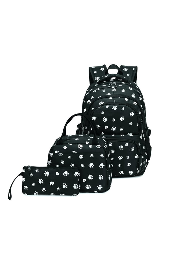 Footprint Print Black Backpack Set for Teen with Lunch Box and Pencil Case Water Resistant Lightweight Large Bookbag