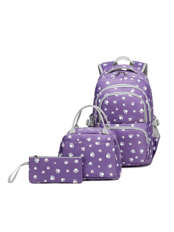 Footprint Print Purple Backpack Set for Teen with Lunch Box and Pencil Case Water Resistant Lightweight Large Bookbag