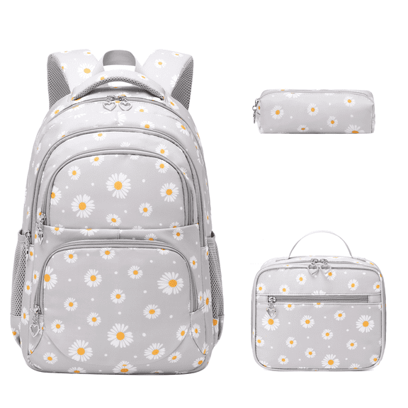 Forestfish Gray Daisy School Backpacks Set for Teen with Lunch Bag Water Resistant Lightweight Large Books Bag for Middle School