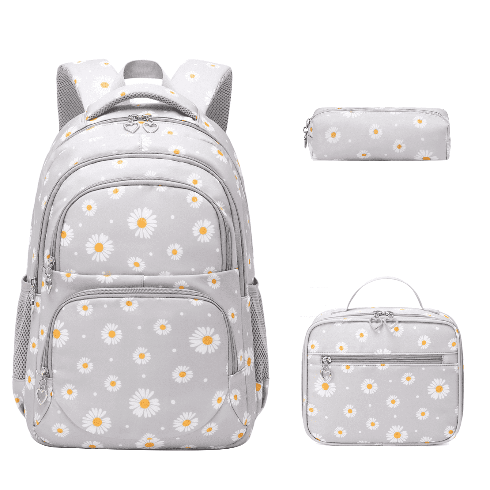 Forestfish 3-Piece Backpack Set for School,Large Capacity Teen Backpack with Insulated Lunch Bag & Pencil Case,Waterproof with Laptop Compartment & Side Pocket(Daisy A/Gray)