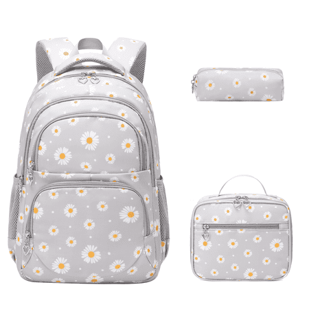 Forestfish Teen Backpack Set with Insulated Lunch Bag & Pencil Case, Water-Resistant Nylon School Bag(Daisy A/Gray)