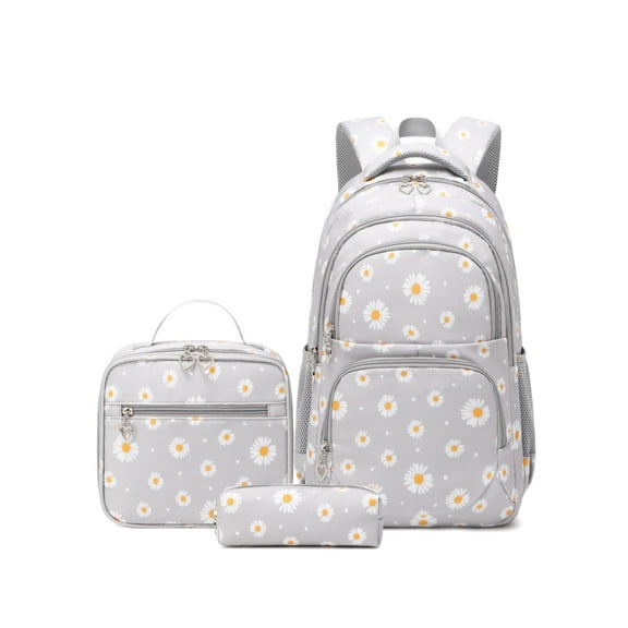 Forestfish Gray Daisy School Backpacks Set for Teen with Lunch Bag Water Resistant Lightweight Large Books Bag for Middle School