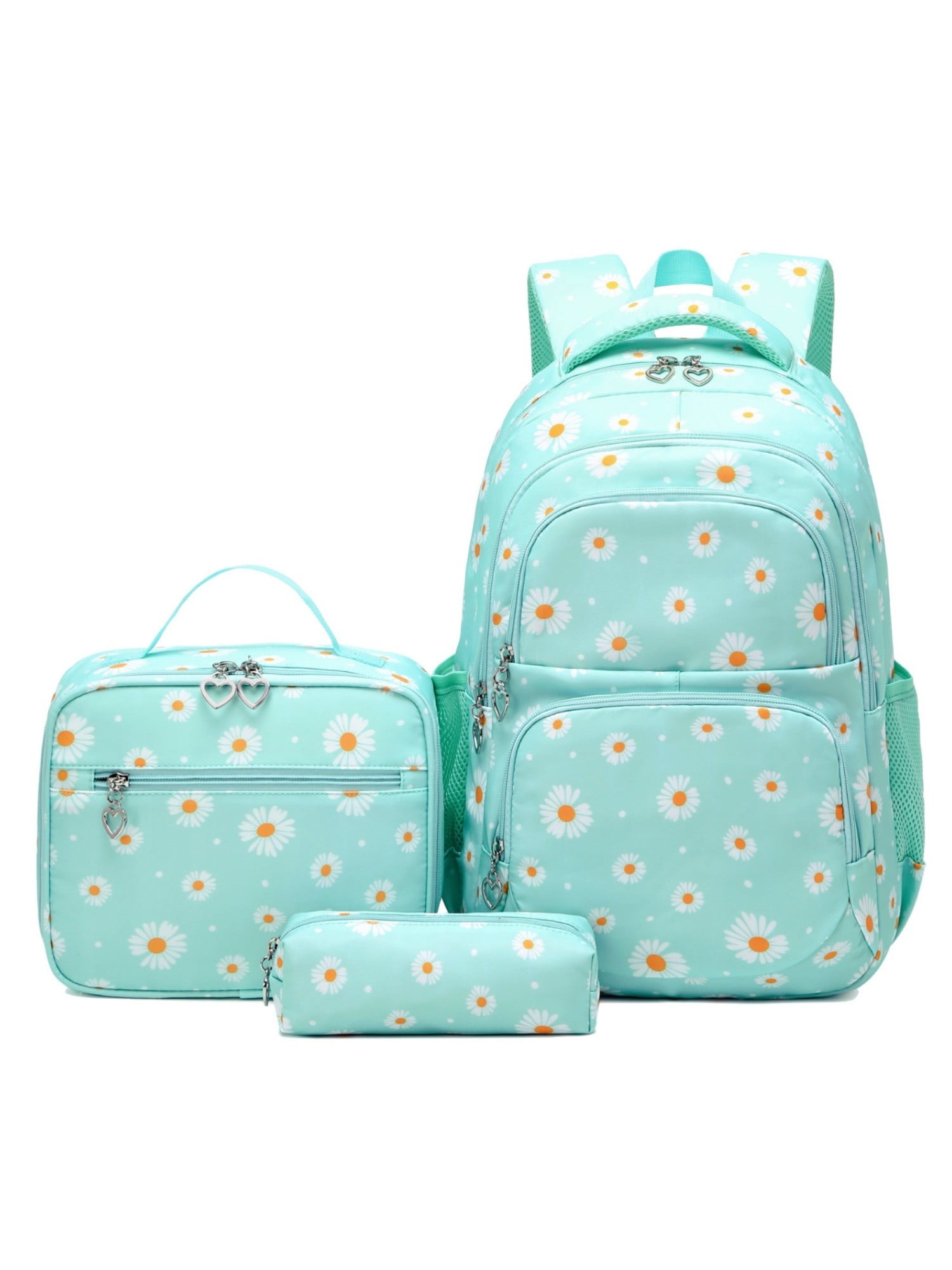 Forestfish Green Daisy Kids School Backpacks Set for Teen Girls with Lunch Bag ,Waterproof Lightweight Large Books Bag for Middle School, Girl's, Size