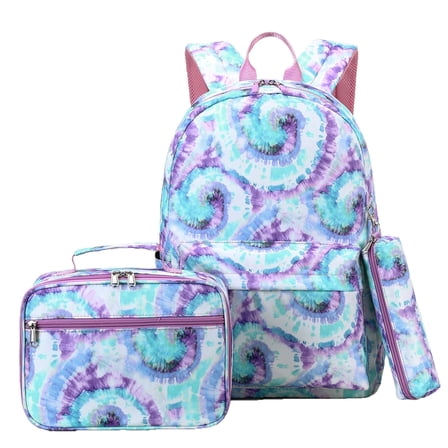 Forestfish Green Tie Dye Backpack Set for Teen with Lunch Bag and Pencil Case Water Resistant Lightweight Large Bookbag