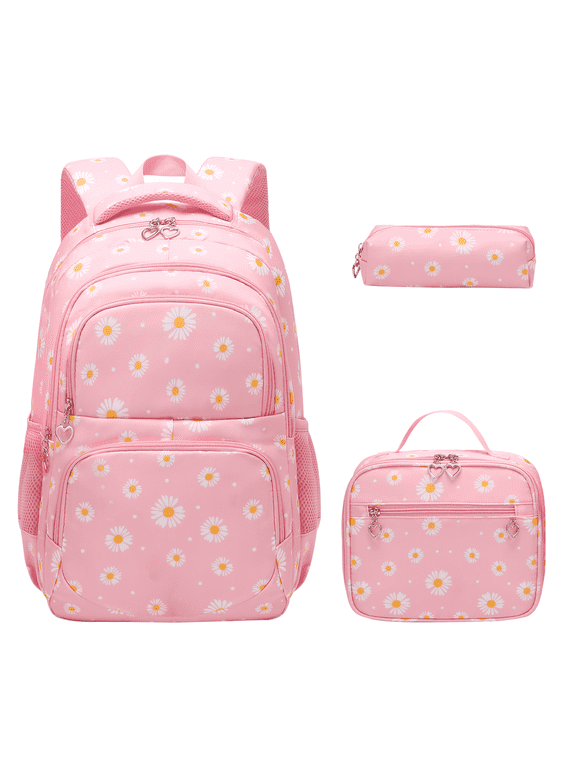 Teen Backpack Set with Insulated Lunch Bag & Pencil Case, Water-Resistant Nylon School Bag(Daisy A/Pink)