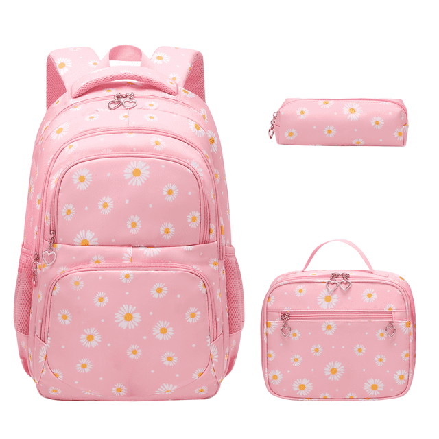 Forestfish 3-Piece Backpack Set for School,Large Capacity Teen Backpack with Insulated Lunch Bag & Pencil Case,Waterproof with Laptop Compartment & Side Pocket(Daisy A/Pink)
