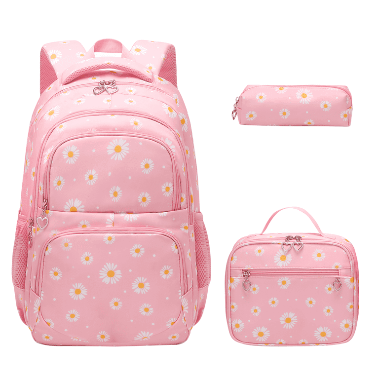forestfish Pink Daisy Backpack Set for Girls with Lunch Bag