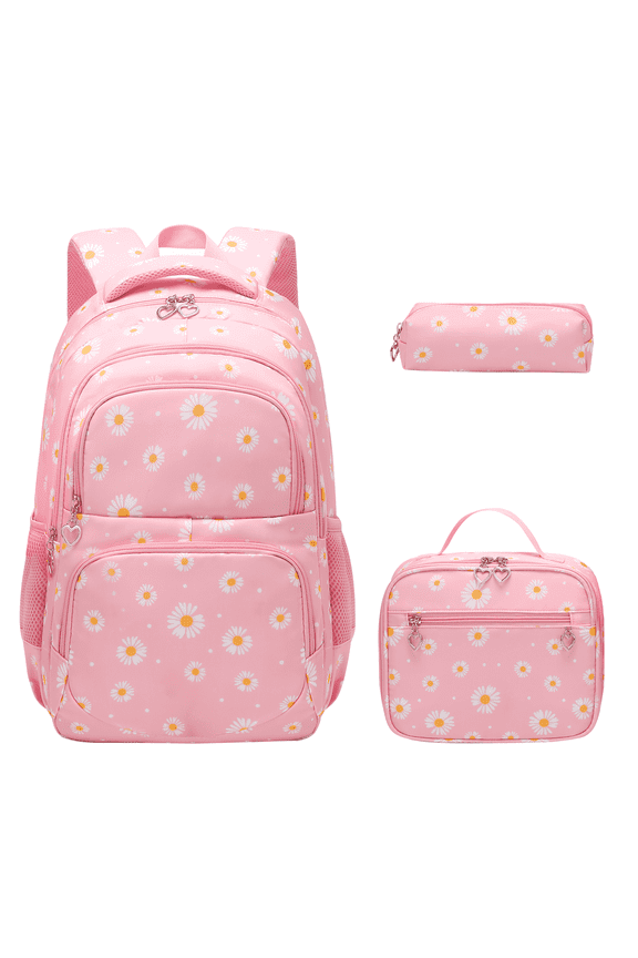 3-Piece Backpack Set for School,Large Capacity Teen Backpack with Insulated Lunch Bag & Pencil Case,Waterproof with Laptop Compartment & Side Pocket(Daisy A/Pink)
