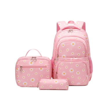 Forestfish Pink Daisy Backpack Set for School with Lunch Bags Water Resistant Lightweight Large Backpacks for Teen