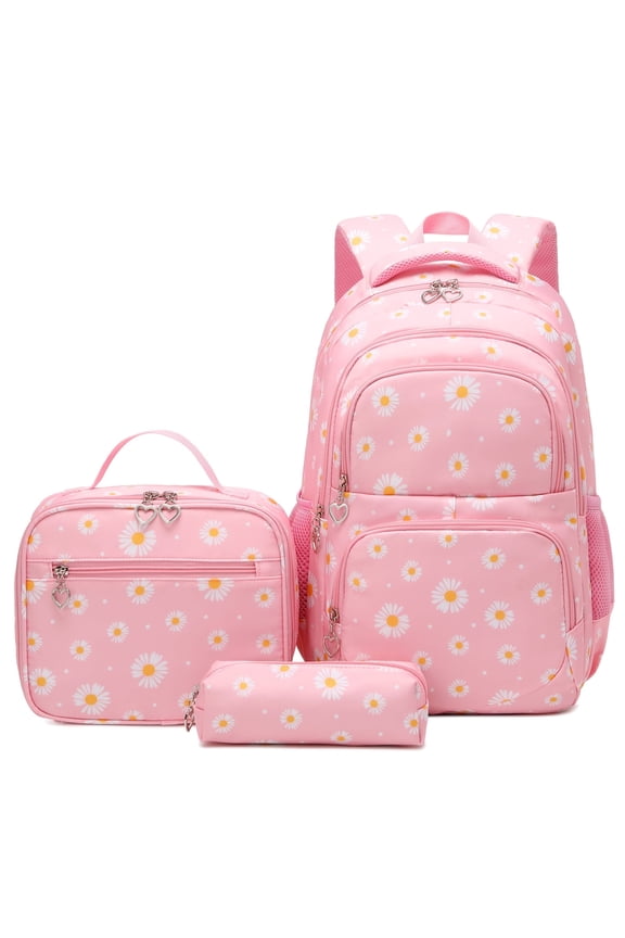 Pink Daisy Backpack Set for School with Lunch Bags Water Resistant Lightweight Large Backpacks for Teen