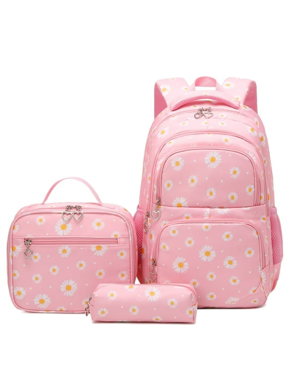 Pink Daisy Backpack Set for School with Lunch Bags Water Resistant Lightweight Large Backpacks for Teen