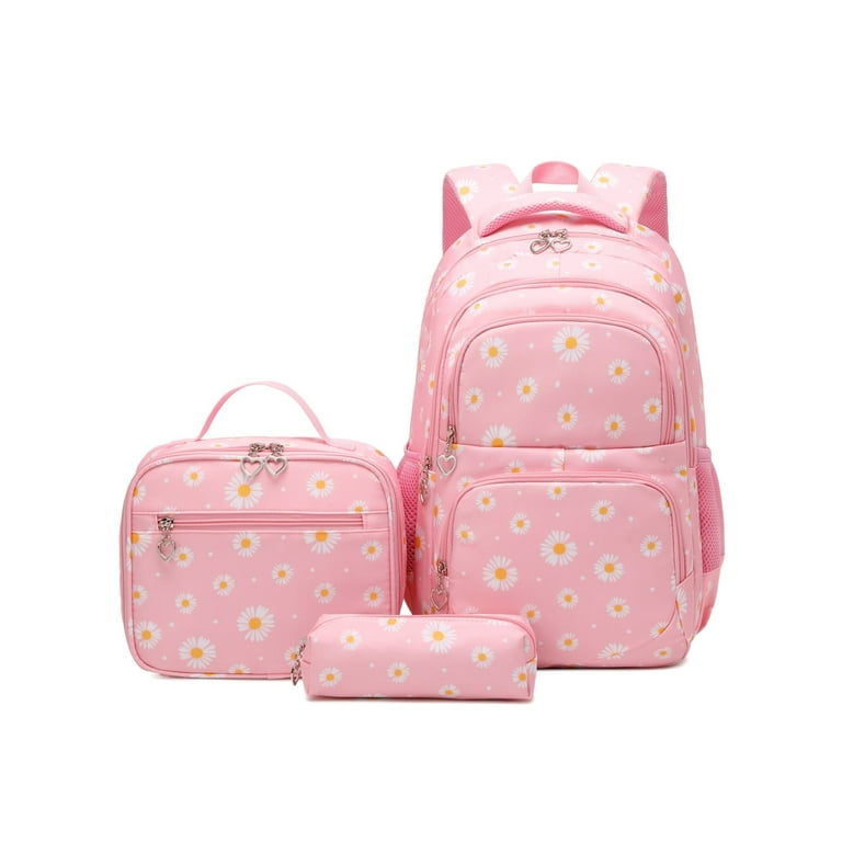 Cute pink school backpack with patches. Kids bag for school