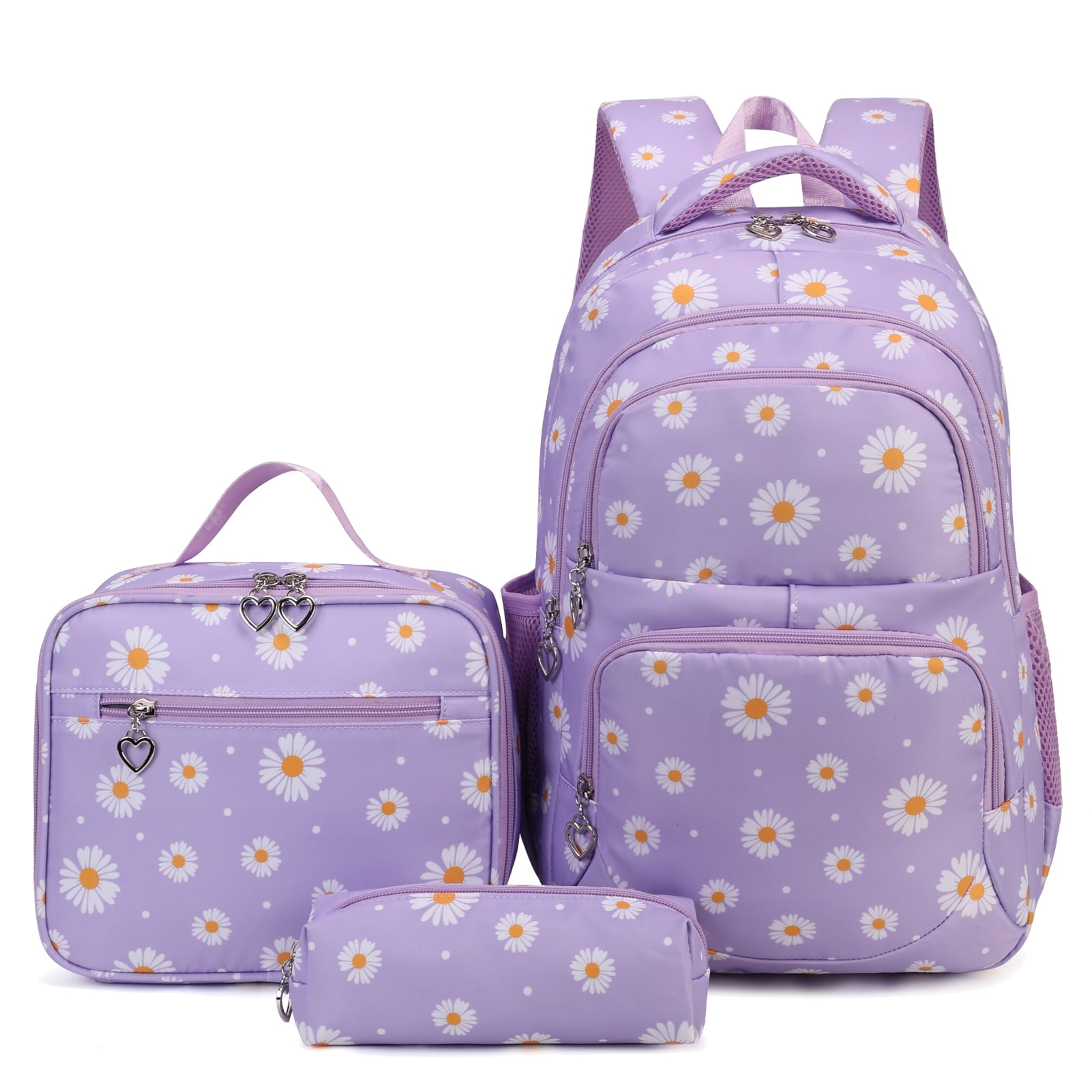 Forestfish Purple Daisy School Backpacks Set for Teen with Lunch Bag Water Resistant Lightweight Large Books Bag