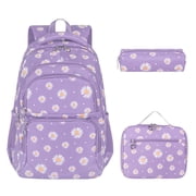 Forestfish Teen Backpack Set with Insulated Lunch Bag & Pencil Case, Water-Resistant Nylon School Bag Daisy A/Purple