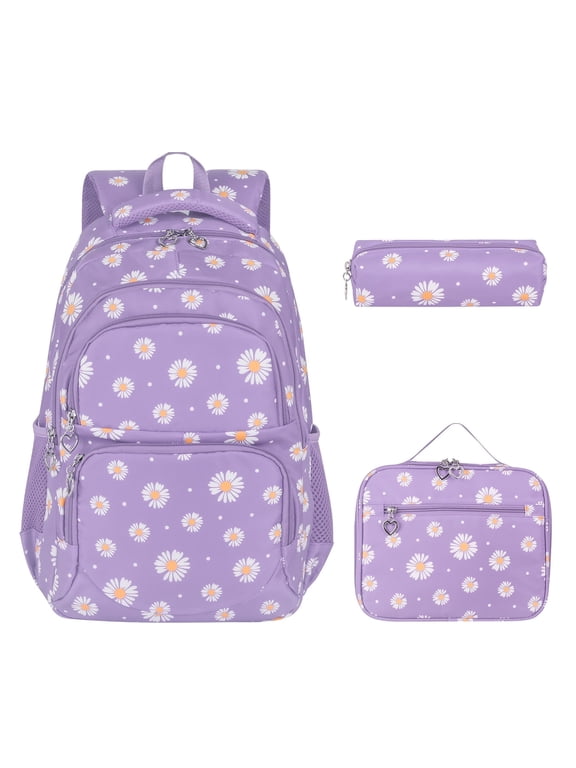 Teen Backpack Set with Insulated Lunch Bag & Pencil Case, Water-Resistant Nylon School Bag(Daisy A/Purple)