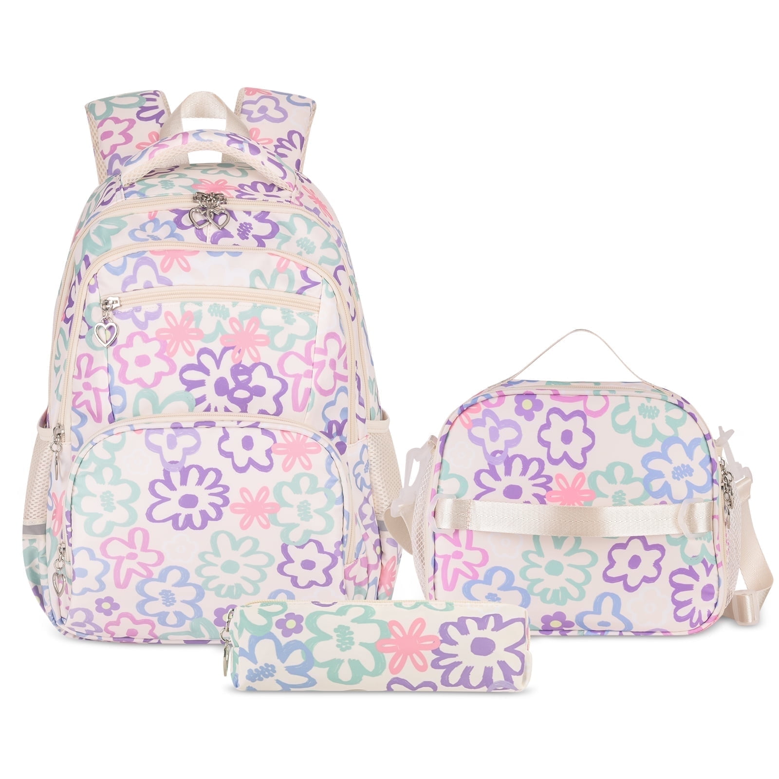 School Backpack Set for Girls,Lightweight Bookbag with Large Capacity, 3-in-1 School Essentials Set Includes Lunch Box & Pencil Case Beige