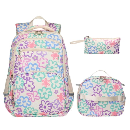 Forestfish Teen Backpack Set with Insulated Lunch Bag & Pencil Case, Water-Resistant Nylon School Bag(Flower/ Beige)