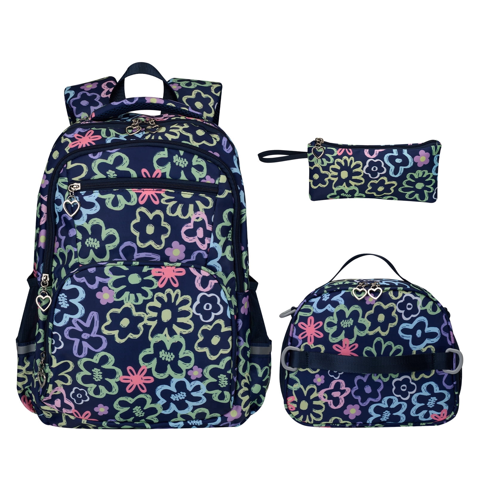 Forestfish Black Daisy School Backpack Set with Lunch Bag
