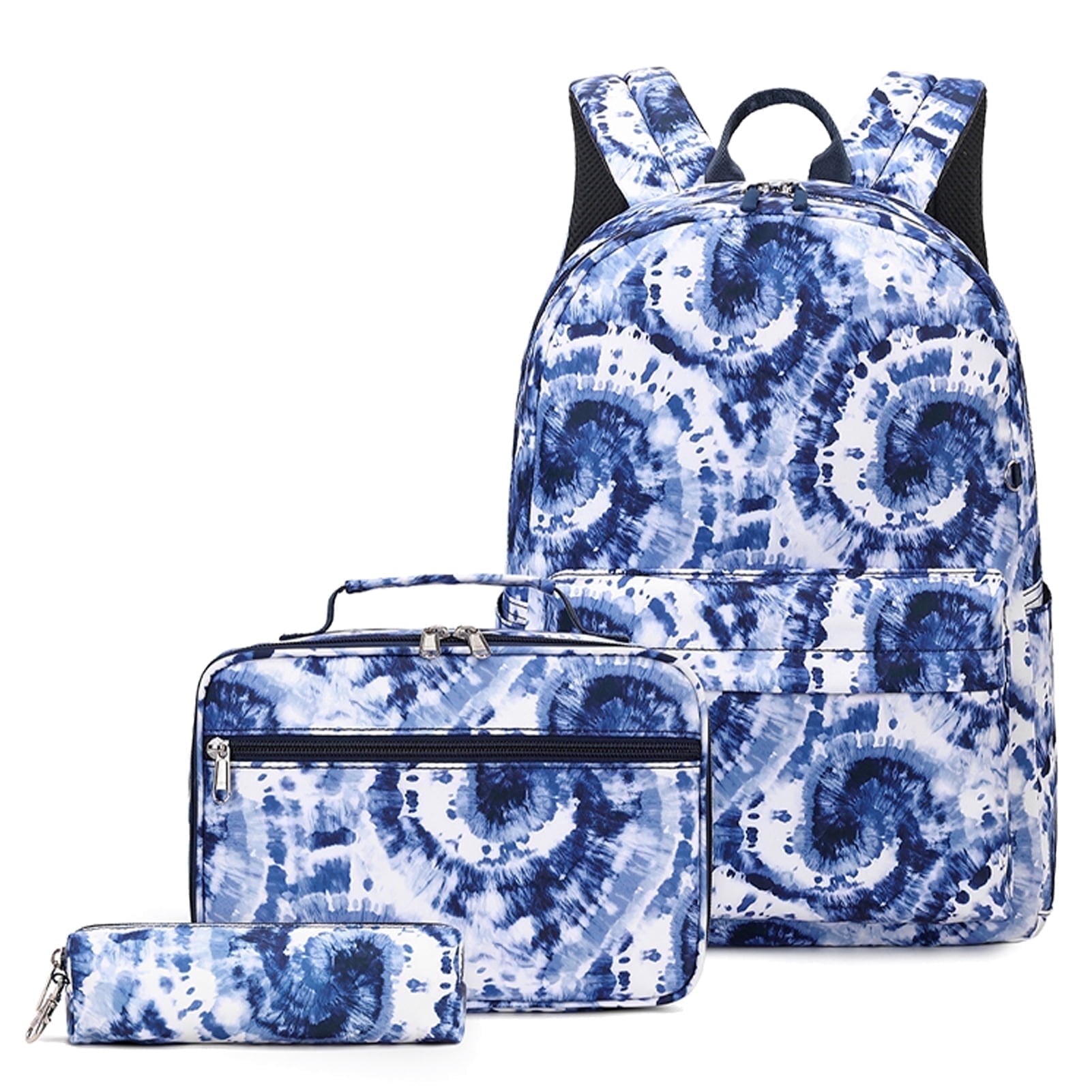 Forestfish Tie Dye Teen Backpacks , 3-Piece Set with Lunch Bag and Pen Bag, Water-Resistant Blue
