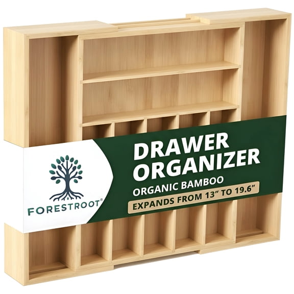Forestroot Bamboo Drawer Organizer – Expandable 9 Slot Silverware & Utensil Tray for Kitchen, Office & Kitchen –Fits 13”–19.6” Drawers, Natural Bamboo Wood, Deep Compartments - Durable & Eco-Friendly
